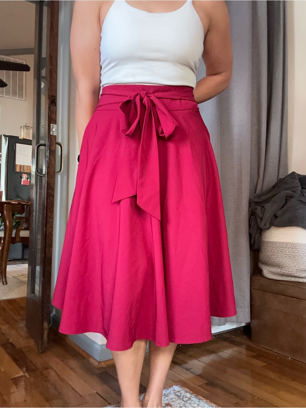 A-Line Midi Skirt with Waist Tie in Raspberry Pink